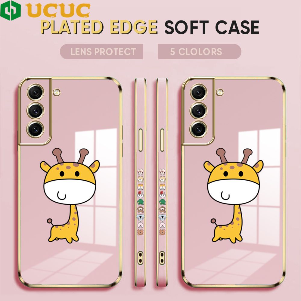UCUC for Samsung Galaxy S21 FE 5G Back Cover + Free Lanyard Big Head Giraffe Luxury 6D Plating Case Side Pattern Soft Silicone Square Phone Cases