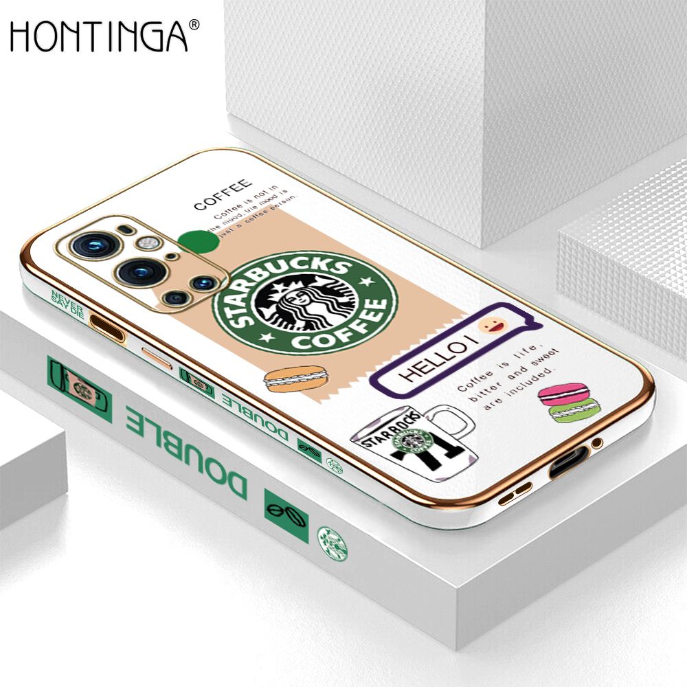 Hontinga for OnePlus 9 Pro Back Cover + Free Lanyard Luxury 6D Plating Fashion Coffee Side Pattern Case Soft Silicone Square Phone Cases