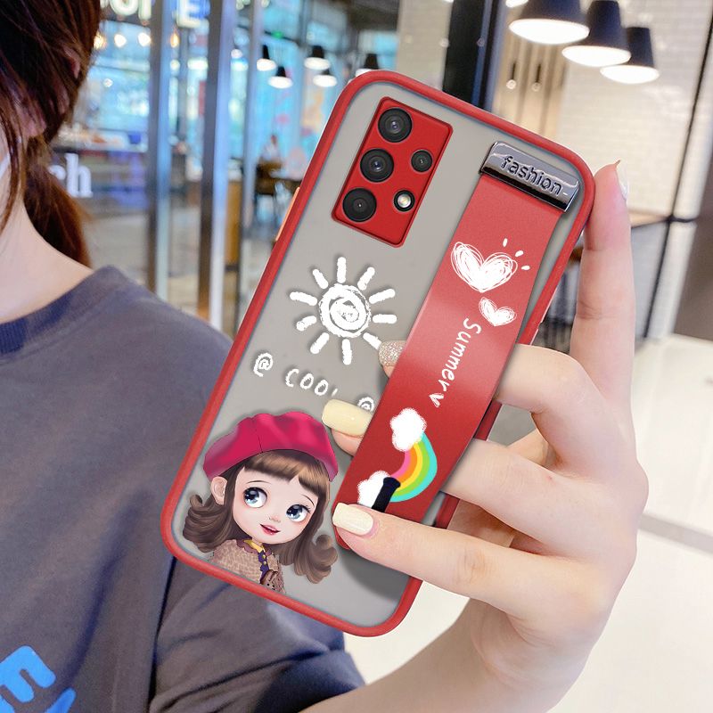 UCUC for Samsung Galaxy A32 Wrist Strap Case Lovely Cartoon Red Hat Girl Wristband Printing Cover Shockproof Frosted Phone Case