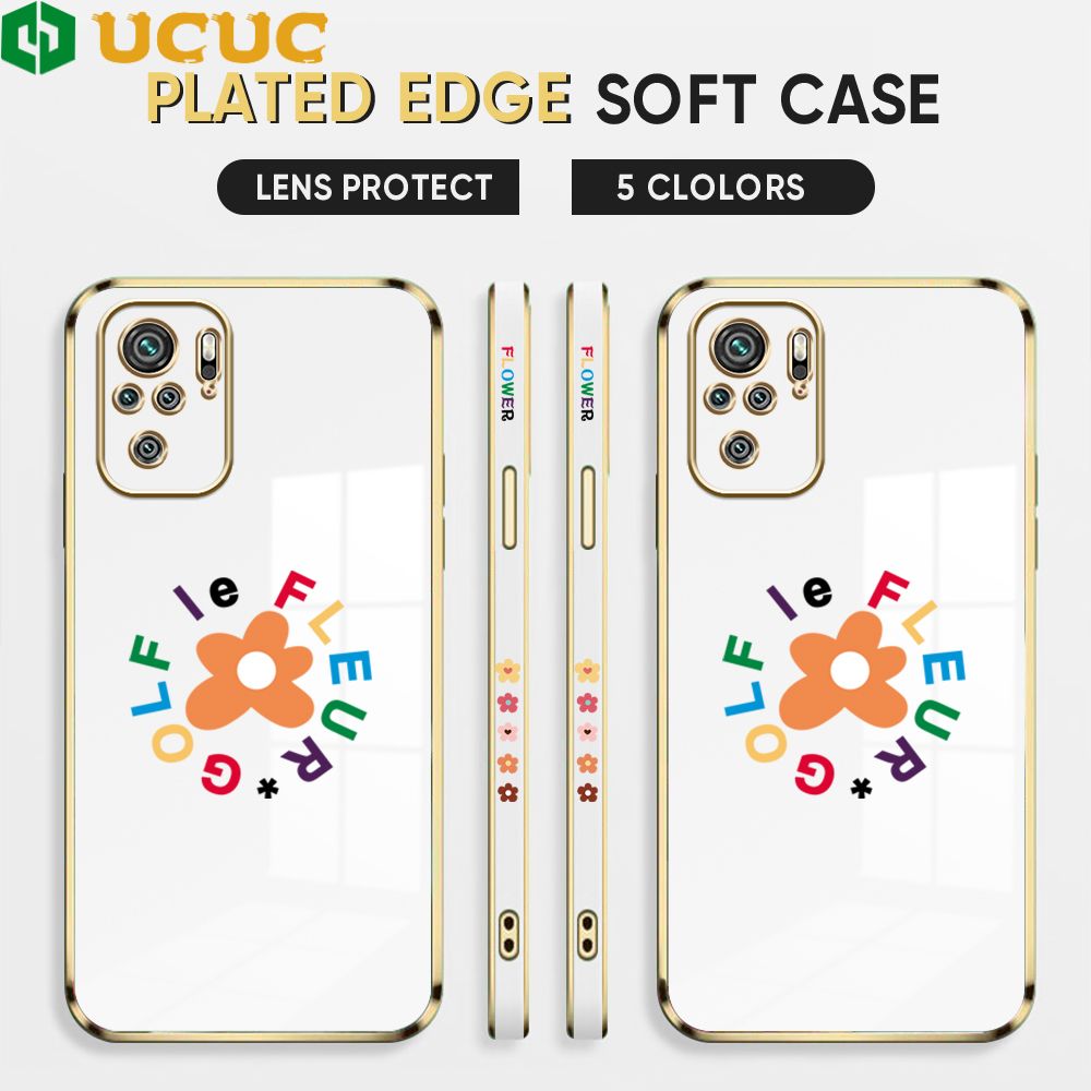 UCUC for Redmi Note 10S / Redmi Note 10 Back Cover + Free Lanyard Colorful Flower Luxury 6D Plating Case Side Pattern Soft Silicone Square Phone Cases