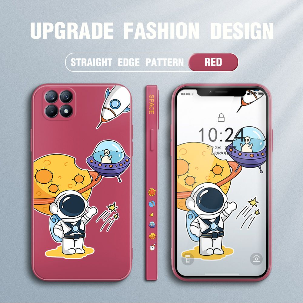 Jizetin for OPPO Reno4 SE Case Side Design Phone Cover Moon Space Astronaut Cover Square Edge Pattern Liquid Silicone Trend Case