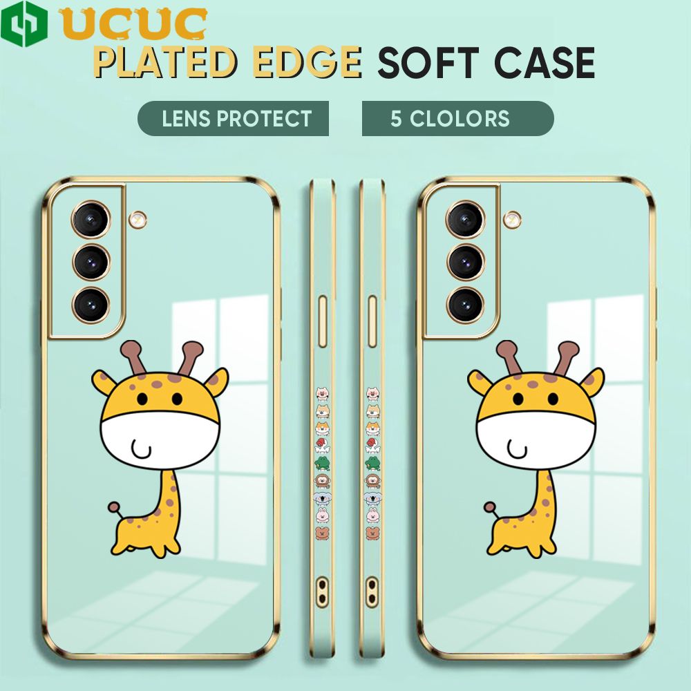 UCUC for Samsung Galaxy S21 5G Back Cover + Free Lanyard Big Head Giraffe Luxury 6D Plating Case Side Pattern Soft Silicone Square Phone Cases