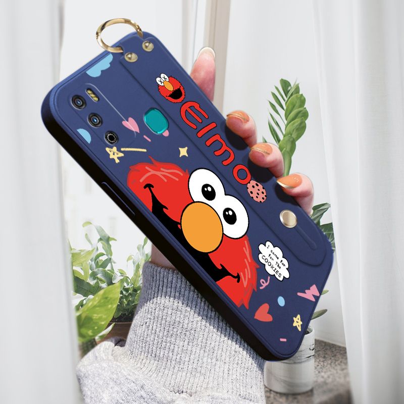 Jizetin for Infinix Hot 9 Play Wrist Strap Case Creative Cartoon Red Haired Monster Cover Ultra Thin Anti Fall Liquid Silicone Phone Case