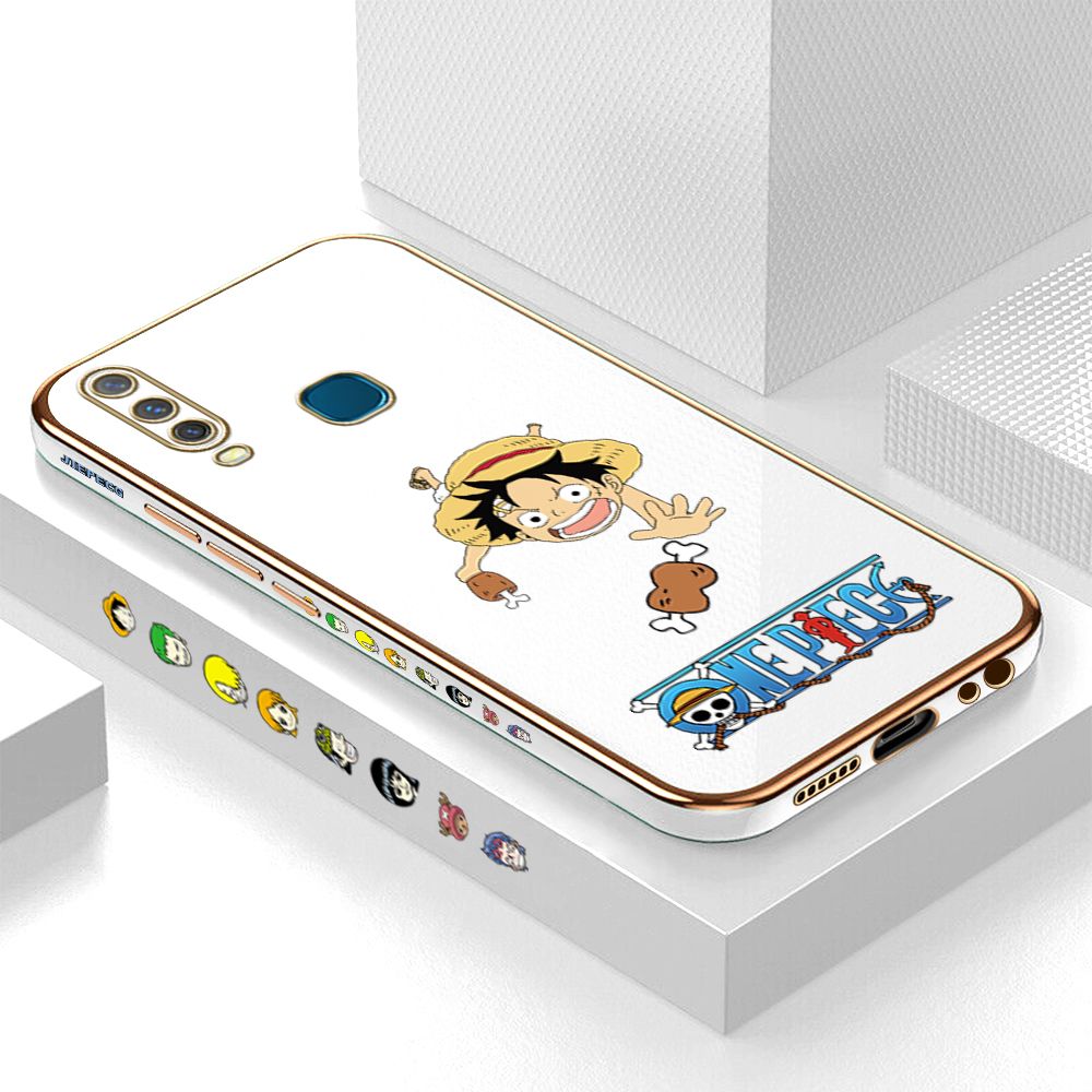 Luxury 6D Plating Case for Vivo Y17 Gluttonous Cartoon Luffy Side Pattern Back Cover Soft Silicone Square Frame Shiny Bling Phone Cases + Free Lanyard