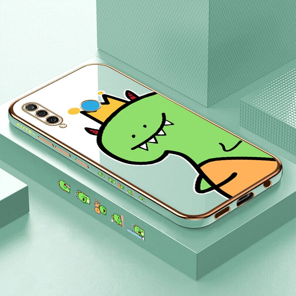 Luxury 6D Plating Case for Huawei P30 Lite Cute Little Dinosaur Side Pattern Back Cover Soft Silicone Square Frame Shiny Bling Phone Cases + Free Lanyard