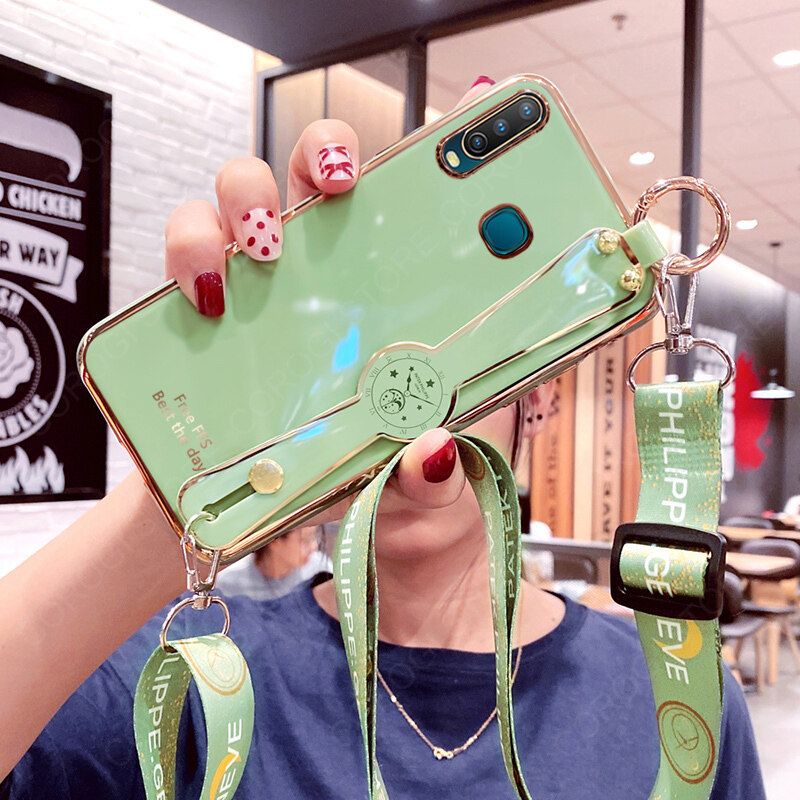 For Vivo Y11 Y12 Y15 Y17 Cover with [Lanyard + Wrist Strap Stand Holder] Ultra Thin Plating Bumper Phone Case Camera Lens Protection Soft TPU Silicone Shockproof Protective Back Cover