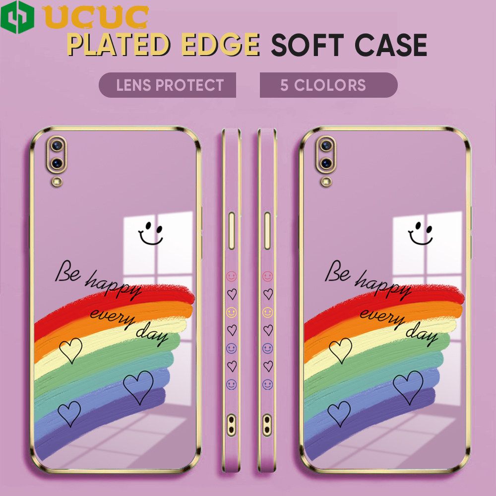 UCUC for Vivo Y93 Back Cover + Free Lanyard Rainbow Doodle Luxury 6D Plating Case Side Pattern Soft Silicone Square Phone Cases