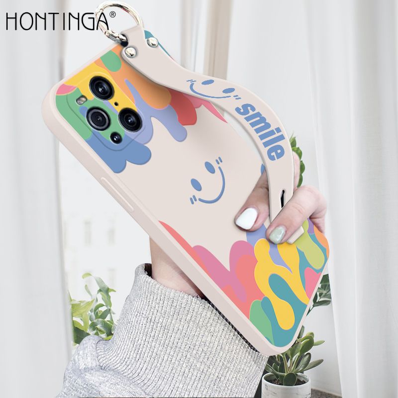 Hontinga for OPPO Find X3 Pro Wrist Strap Case Soft Candy Color Splash Ink Cover Trend Square Printed Pattern Liquid Silicone Phone Case
