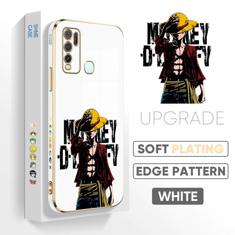 Jizetin (Free Lanyard) Vivo Y50 / Y30 / Y30i Back Cover Holding Cap Luffy Luxury 6D Plating Case Side Pattern Soft Silicone Square Mobile Phone Cases