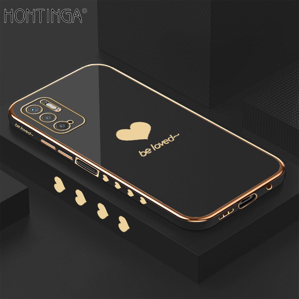 Hontinga for Xiaomi Poco M3 Pro 5G / 4G / Redmi note 10 5G Back Cover + Free Lanyard Luxury 6D Plating Lover Heart Side Pattern Case Soft Silicone Square Mobile Cover