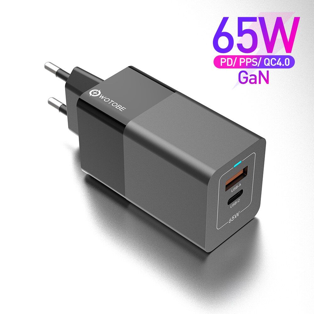 WOTOBE 65W 2-port charger with LED light, PD3.0 4.0 QC 3.0 PPS fast charger, suitable for C-type laptops,  iPhone 12,  S20 Ultra