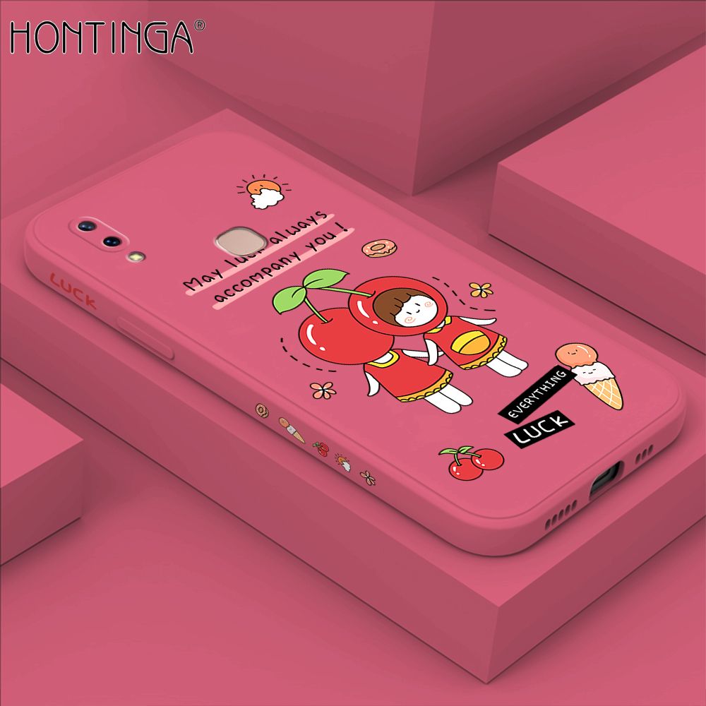 Hontinga for Vivo Y85 Case Side Design Cute Cherry Girl Back Cover Soft Square Edge Pattern Liquid Silicone Trend Phone Cases