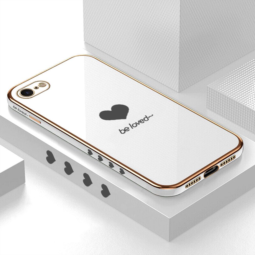 Luxury 6D Plating Soft Casing Silicone Square Frame Phone Case For iPhone 7 Case Shiny Bling Back Cover Lover Heart Square Edge Pattern Design Soft Case + Free Lanyard