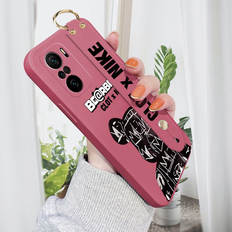 Jizetin for Xiaomi Poco F3 / Redmi K40 / K40 Pro Wrist Strap Case Creative Cartoon Black Stitching Bear Cover Ultra Thin Anti Fall Liquid Silicone Phone Case