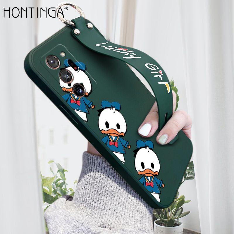 Hontinga for Samsung Galaxy Note 20 Ultra Wrist Strap Case Cute Cartoon Little Duck Phone Case Square Edge Liquid Silicone Case Full Cover Camera Shockproof Protective Cases