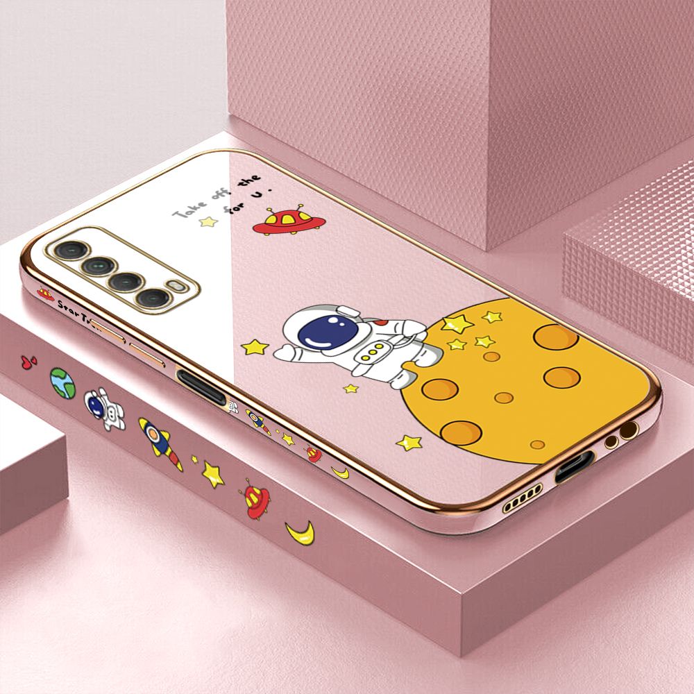 Luxury 6D Plating Case for Huawei Y7A Cute Cartoon Happy Astronaut Side Pattern Back Cover Soft Silicone Square Frame Shiny Bling Phone Cases + Free Lanyard