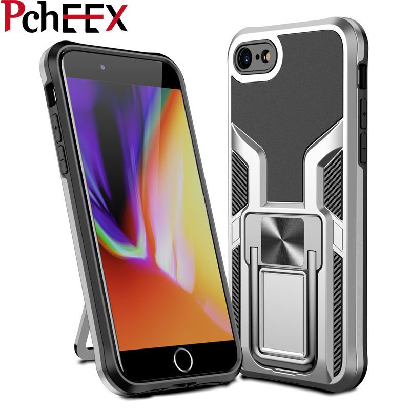For Apple iPhone 7 / 8 / SE 2020 Phone Case, Luxury Armor Cover Metal Magnetic Ring Silicone Hard Shell