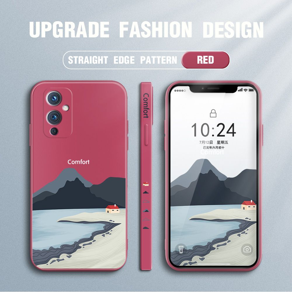 Jizetin for OnePlus 9 Case Mount Fuji Design Side Design Phone Case Square Edge Pattern Liquid Silicone Cases Full Cover Camera Shockproof Protective Case