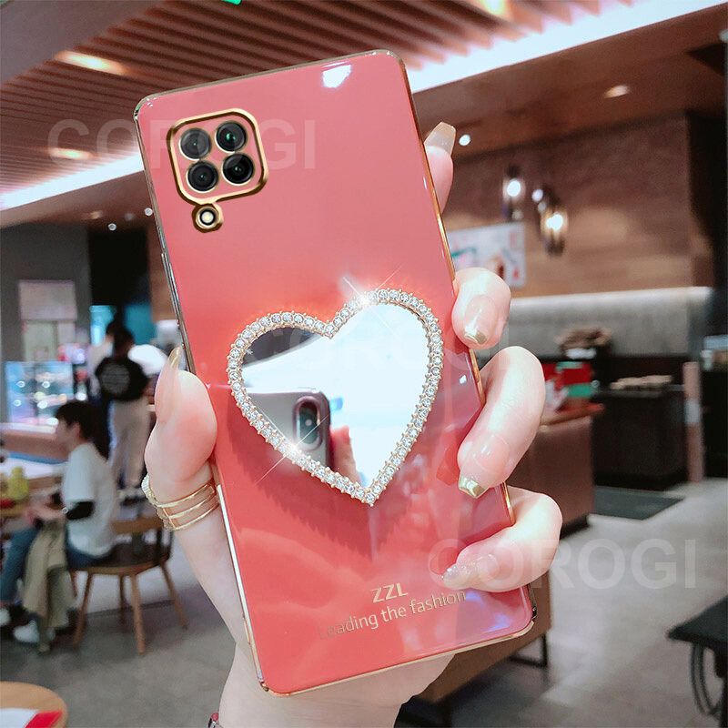 For Huawei Nova 7i Cover with Makeup Mirror Shiny Plating Square Bumper Girls Phone Case Soft TPU Silicone Shockproof Protective Back Cover