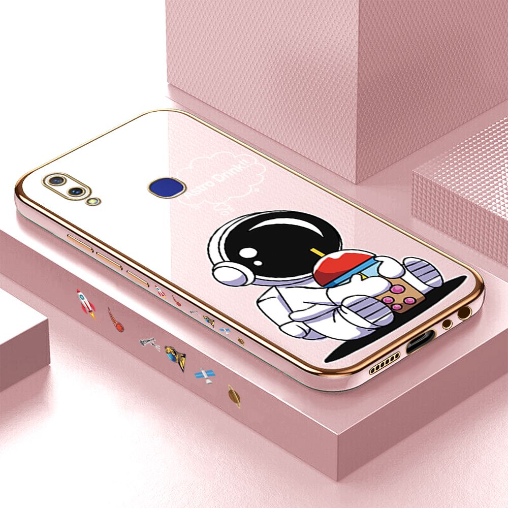 Luxury 6D Plating Case for Vivo V11I Cute Cartoon Happy Astronaut Side Pattern Back Cover Soft Silicone Square Phone Cases + Free Lanyard