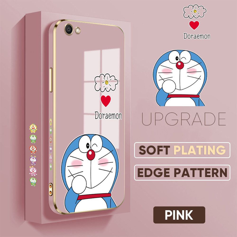 UCUC for Vivo V5 / V5 Lite / V5S Back Cover + Free Lanyard Sneak Doraemon Luxury 6D Plating Case Side Pattern Soft Silicone Square Phone Cases
