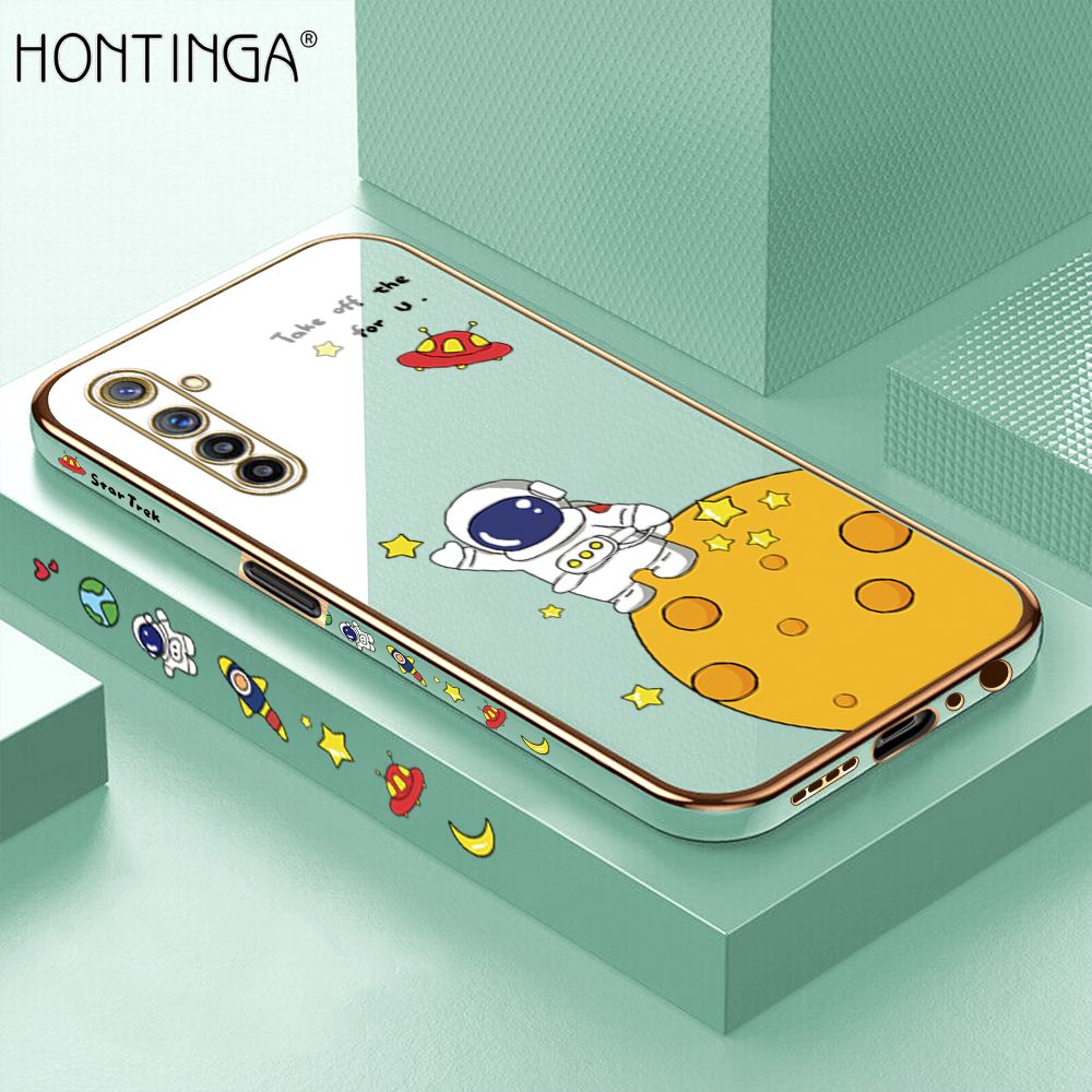 Hontinga for Realme 6 Pro Back Cover + Free Lanyard Luxury 6D Plating Cartoon Lunar Astronaut Side Pattern Case Soft Silicone Square Mobile Cover