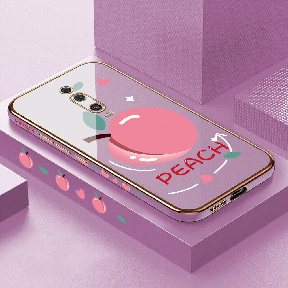 Luxury 6D Plating Case for Xiaomi 9T Cartoon Simple Peach Side Pattern Back Cover Soft Silicone Square Frame Shiny Bling Phone Cases + Free Lanyard