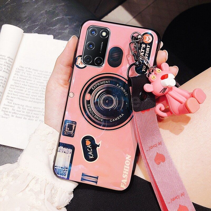 For OPPO A92 A52 Cover + Wrist Lanyard & Cute Cartoon Doll Fashion Camera Pattern Slim Phone Case Soft TPU Silicone Shockproof Protective Back Cover