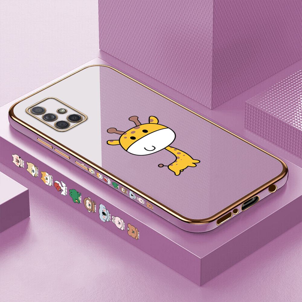 Luxury 6D Plating Case for Samsung A71 Cute Giraffe Side Pattern Back Cover Soft Silicone Square Phone Cases + Free Lanyard