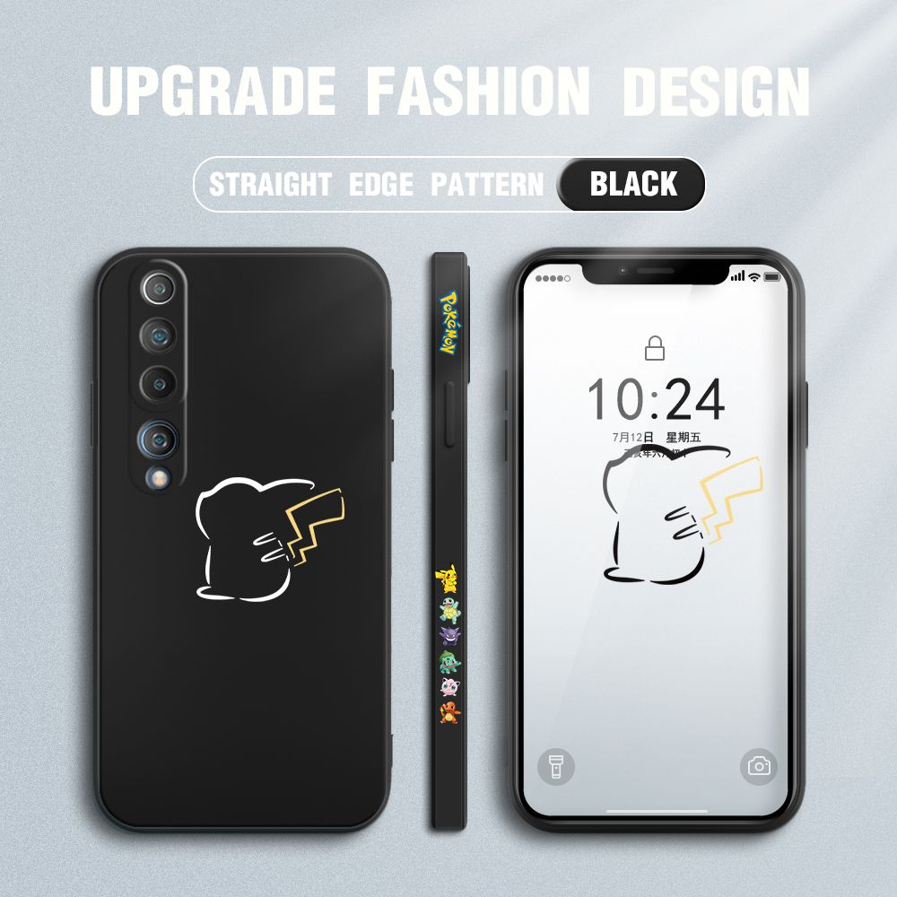 Jizetin for Xiaomi Mi 10 Case New Pikachu Pokémon Design Side Design Phone Case Square Edge Pattern Liquid Silicone Cases Full Cover Camera Soft Protection Case