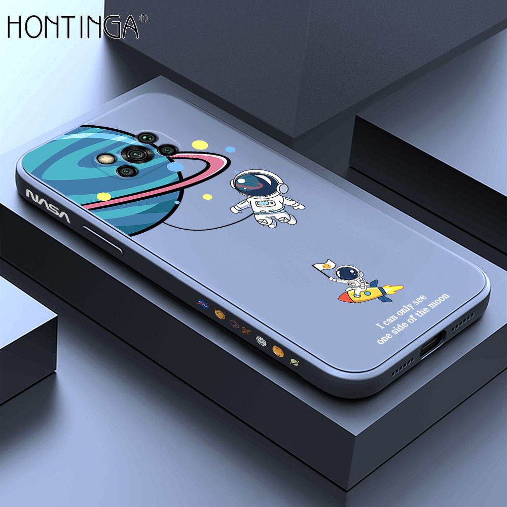 Hontinga for Xiaomi Poco X3 Pro / X3 NFC Case Cartoon Astronaut Side Design Back Cover Soft Square Edge Liquid Silicone Phone Cases