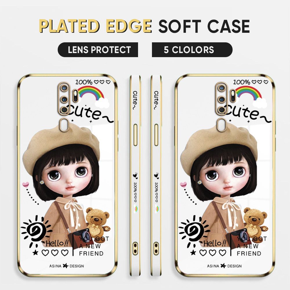 Luxury 6D Plating Case for OPPO A9 2020 Phone Cases Satchel Girl Side Print Soft Silicone Square Back Cover
