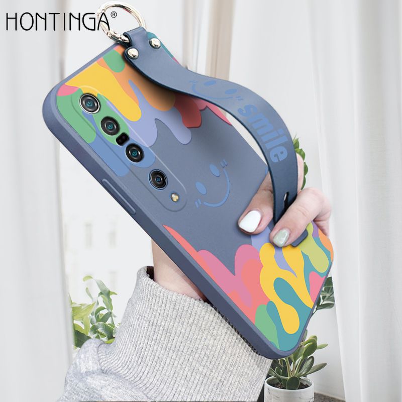 Hontinga for Xiaomi Mi 10 Pro Wrist Strap Case Soft Candy Color Splash Ink Cover Trend Square Printed Pattern Liquid Silicone Phone Case