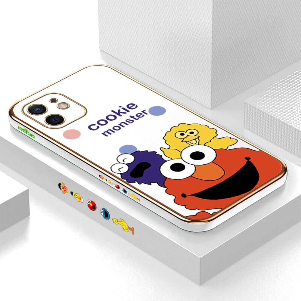 Luxury 6D Plating Case for iPhone 12 Mini Color Cute Cartoon Sesame Monsters Side Pattern Back Cover Soft Silicone Square Frame Shiny Bling Phone Cases + Free Lanyard
