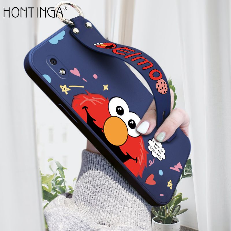 Hontinga for Samsung Galaxy A01 Core Wrist Strap Case Cute Cute Cartoon Little Monster Phone Cover Square Edge Liquid Silicone Case Full Cover Camera Shockproof Protective Cases