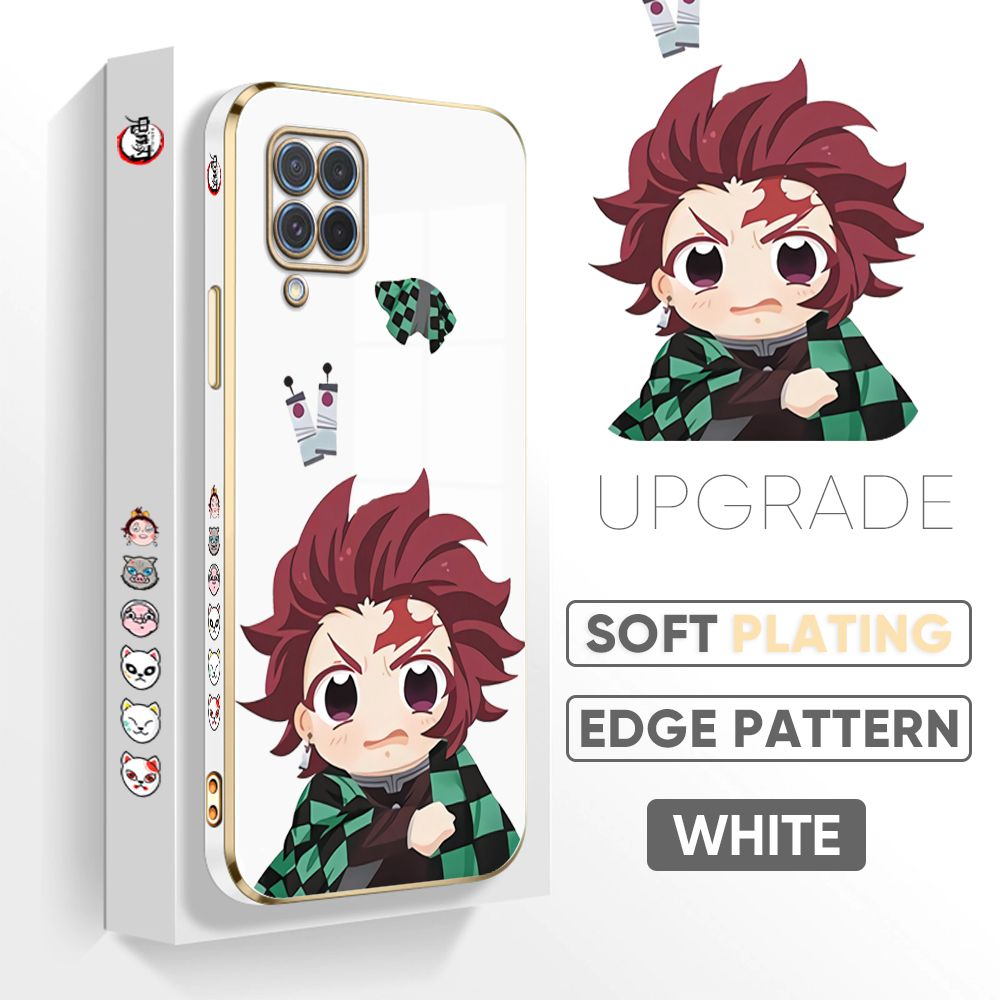 Jizetin (Free Lanyard) Samsung F62 Cover Wronged Tanjiro Luxury 6D Plating Soft Casing Silicone Square Frame Phone Case Shiny Bling Back Cover