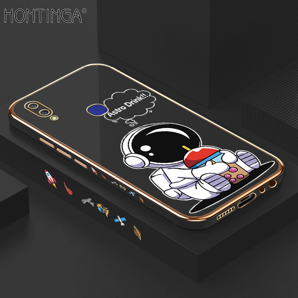 Hontinga for Vivo V11I Back Cover + Free Lanyard Luxury 6D Plating Cartoon Happy Astronaut Side Pattern Case Soft Silicone Square Mobile Cover