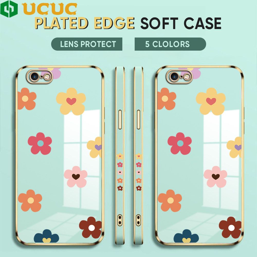 UCUC for iPhone 6 6S Back Cover + Free Lanyard INS Style Flower Luxury 6D Plating Case Side Pattern Soft Silicone Square Phone Cases