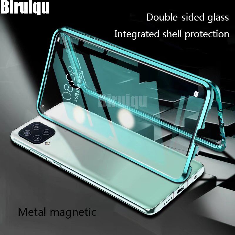 Biruiqu For Samsung Galaxy M22 Magnetic Absorption Case Metal Frame Shockproof Double Sided Tempered Glass Magnetic Case Cover