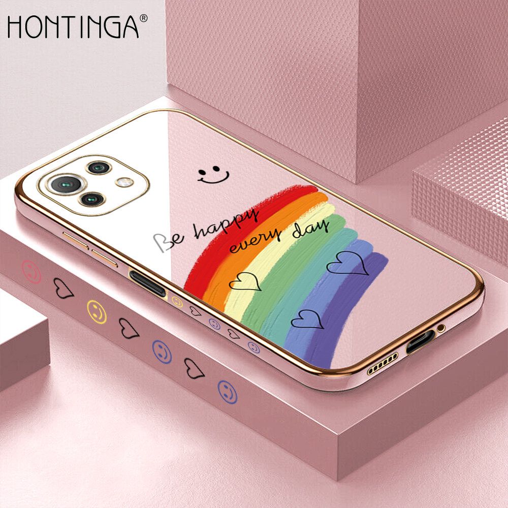 Hontinga for Xiaomi 11 Lite 5G / 4G / 11 Lite NE Back Cover + Free Lanyard Luxury 6D Plating Cartoon Rainbow Side Pattern Caese Soft Silicone Square Phone Cases