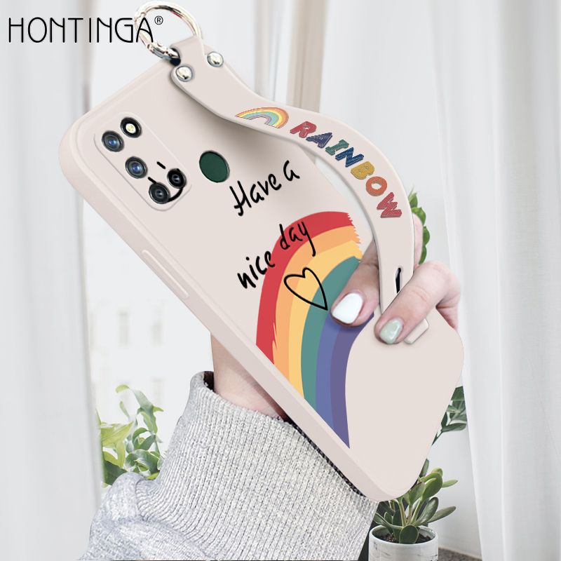 Hontinga for Realme C17 Wrist Strap Case Lovely Graffiti Rainbow Smile Thin Phone Cover Square Edge Liquid Silicone Creativity Phone Case