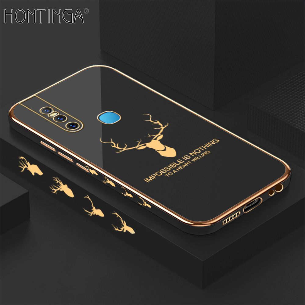 Hontinga for Vivo V15 Back Cover + Free Lanyard Luxury 6D Plating Cartoon Lucky Side Pattern Case Soft Silicone Square Phone Cases