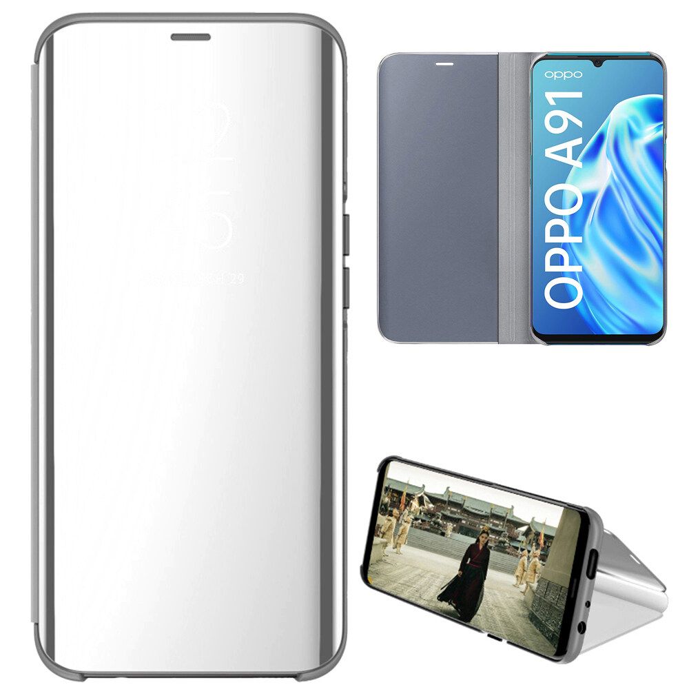 For OPPO A91 Mirror Plating Hard PC -PU Leather Translucent Standing View Case Cover