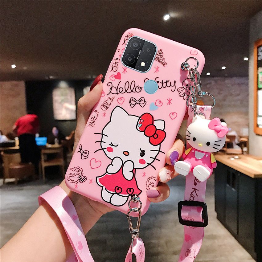 Cartoon Cute Hello Kitty Pink Case For OPPO A15s A15 A54 A9  A5  A7 A5s A12 A3s A12e A1K A53  A32 A33  A92 A52 A31 A37 A93 A39 A57 Reno4 F Reno4  Lite Realme C2 with Doll Holder Stand Crossbody Bag Silicone Soft Cover Casing