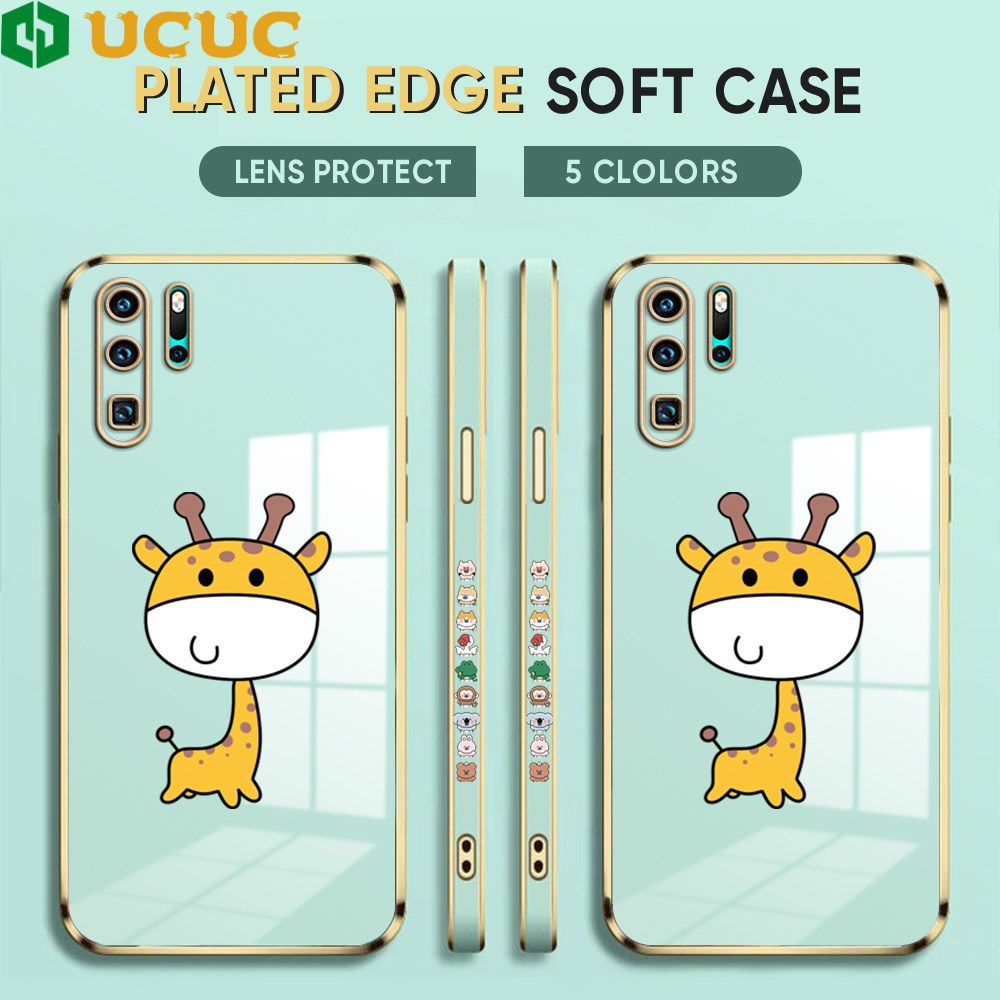 UCUC for Huawei P30 Pro Back Cover + Free Lanyard Big Head Giraffe Luxury 6D Plating Case Side Pattern Soft Silicone Square Phone Cases