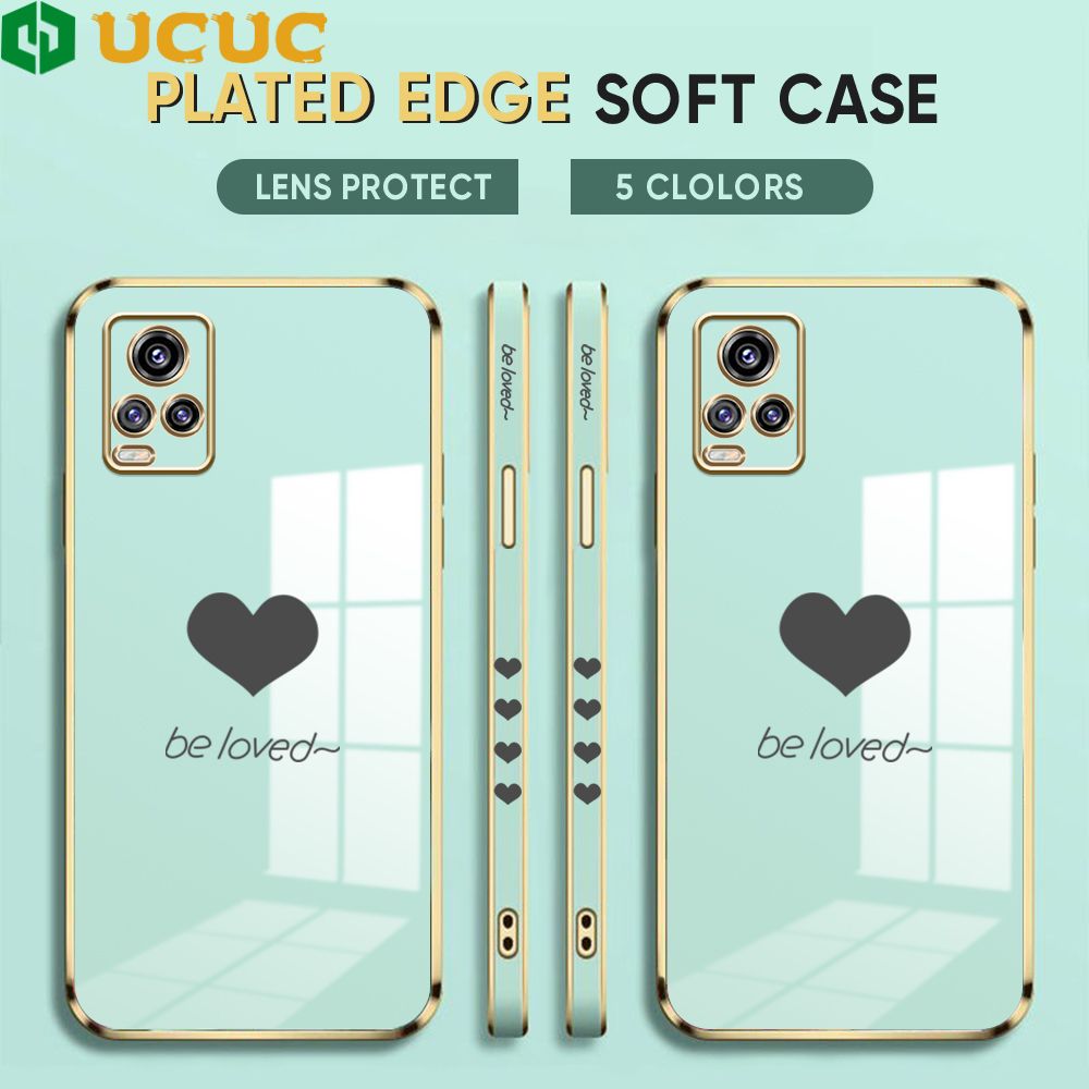 UCUC for Vivo V20 / V20 2021 Back Cover + Free Lanyard Lover Heart Luxury 6D Plating Case Side Pattern Soft Silicone Square Phone Cases