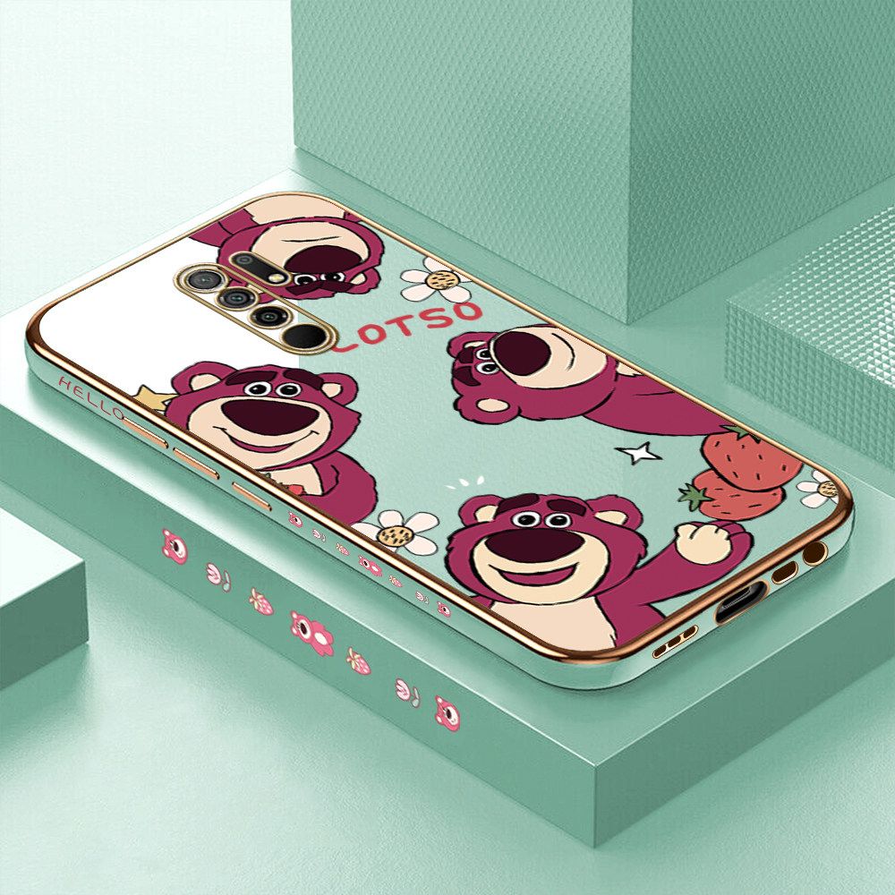 ZeroQiQi for Redmi 9 Back Cover Cute Bear Luxury 6D Plating Case Side Pattern Soft Silicone Square Phone Cases + Free Lanyard