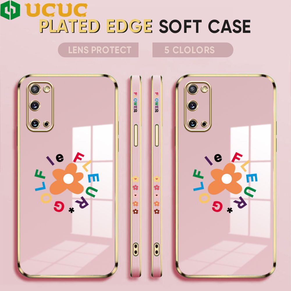 UCUC for Samsung Galaxy S20 Back Cover + Free Lanyard Colorful Flower Luxury 6D Plating Case Side Pattern Soft Silicone Square Phone Cases