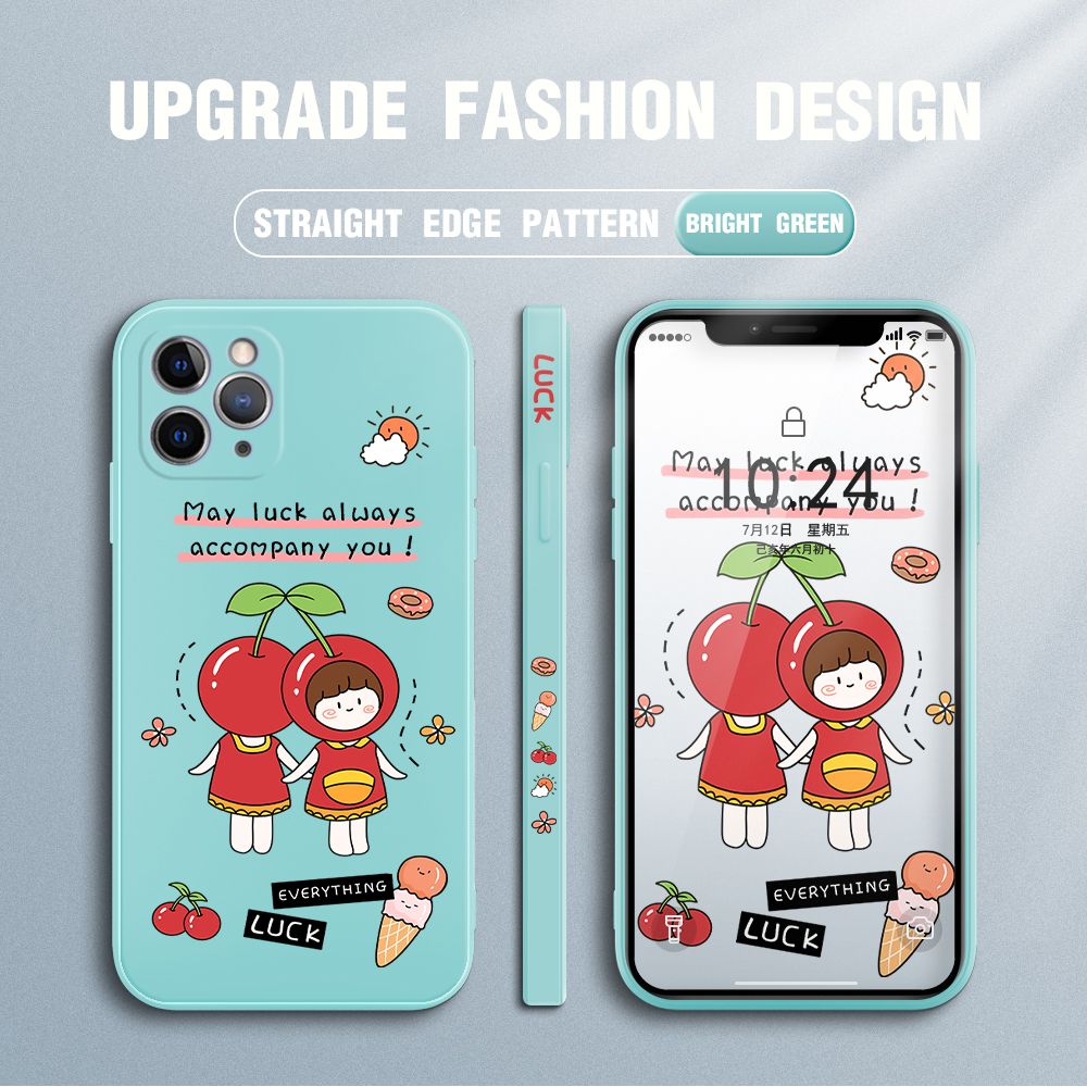 Jizetin for iPhone 11 Pro Case Fashion Cherry Girl Design Side Design Phone Case Square Edge Pattern Liquid Silicone Cases Full Cover Camera Shockproof Protective Case