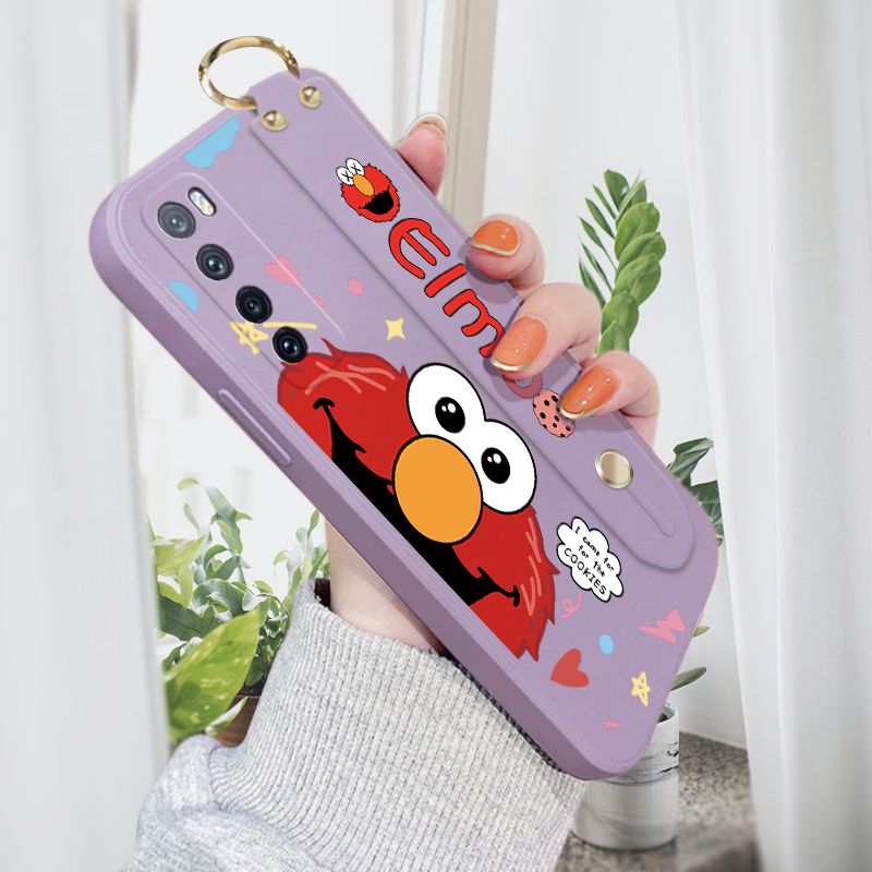 Jizetin for Huawei Nova 7 Wrist Strap Case Creative Cartoon Red Haired Monster Cover Ultra Thin Anti Fall Liquid Silicone Phone Case